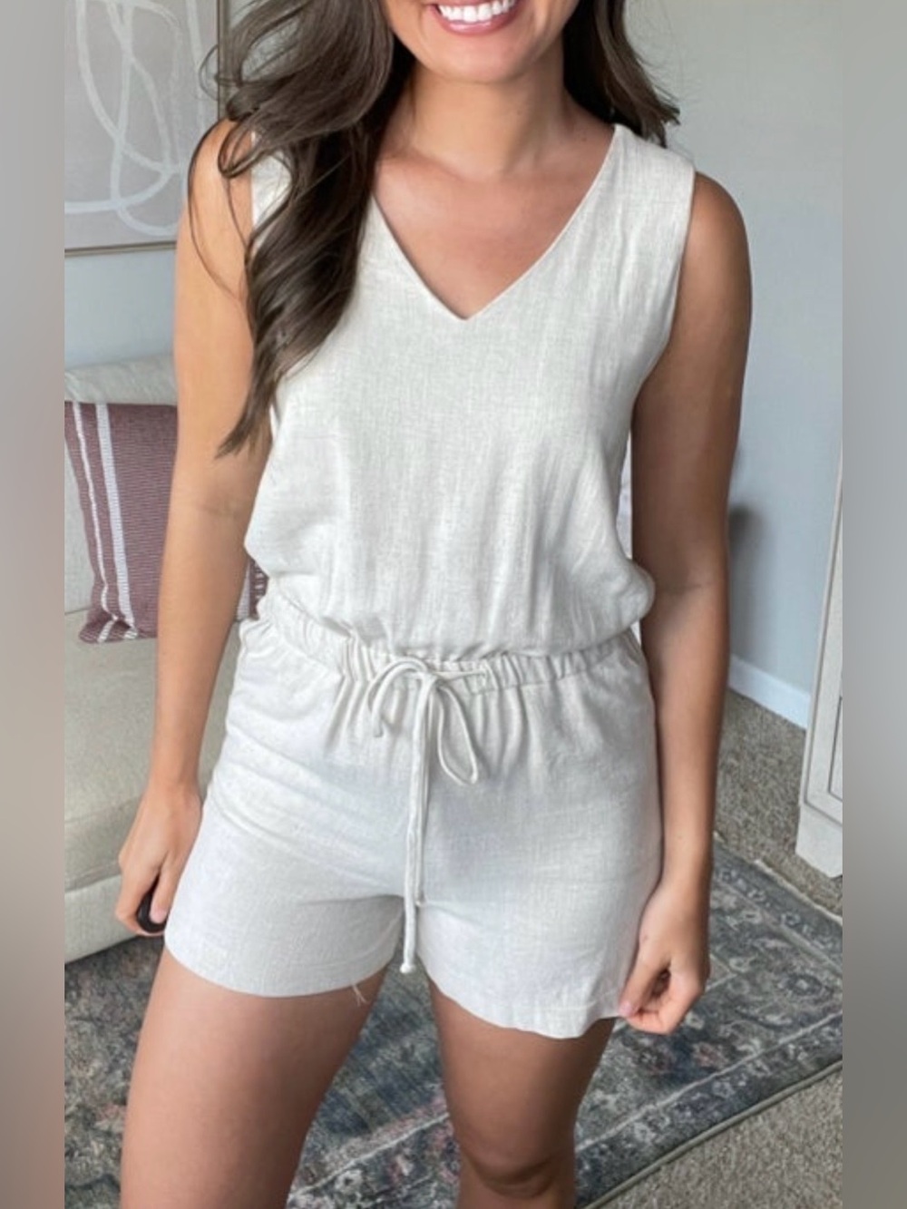 New Vision Elastic Drawstring Waist V-Neck Romper w/ Pockets in Oatmeal Sz 2X